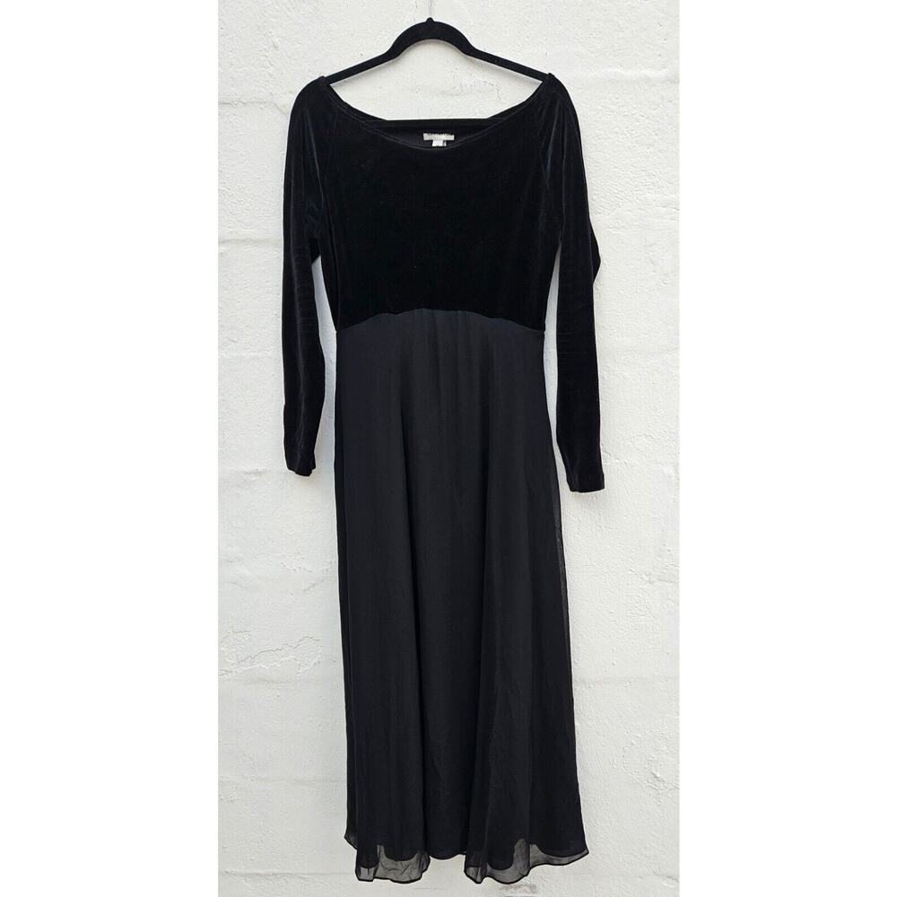 Vintage Ann Taylor Dress 12 Black Velvet Maxi Stretch Sheer Overlay Goth Gown